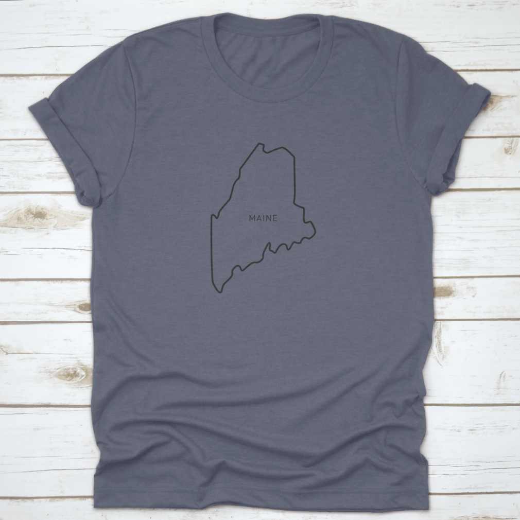 A stylish t-shirt featuring a simple typography outline of the state of Maine, made from high-quality cotton fabric.